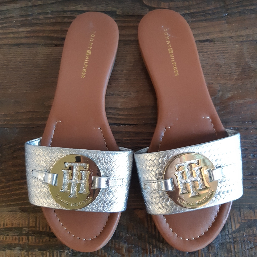 Tommy Hilfiger Gold Silver Slides, Size 6/5.5